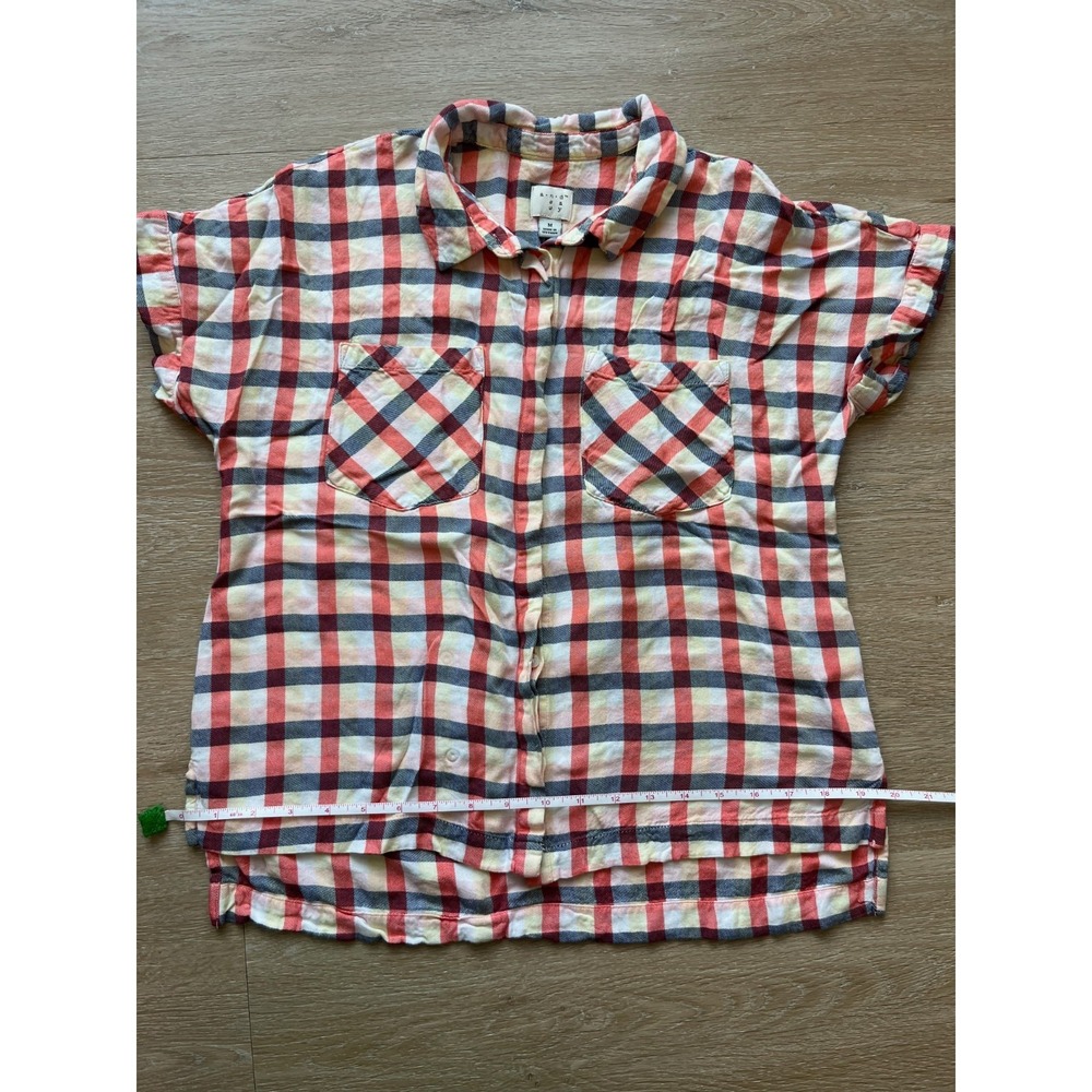 A New Day Shirt Womens Medium Multicolor Plaid Rayon Short Sleeve Button Up